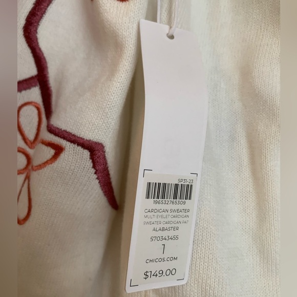 Chicos cardigan sweater multi eyelet alabaster embroidered spring Easter - Picture 10 of 11